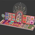 Red Cosmetics Display Stand With Lipsticks Eyeshadow Perfume And Model