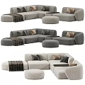 Modern Gray Fabric Sofa Set With Modular Design Decorative Pillows Plaid Blankets And Round Ottomans