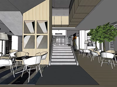 Modern Retail Store Interior With Wooden Elements Staircase Tables Chairs And Green Plant 3d model