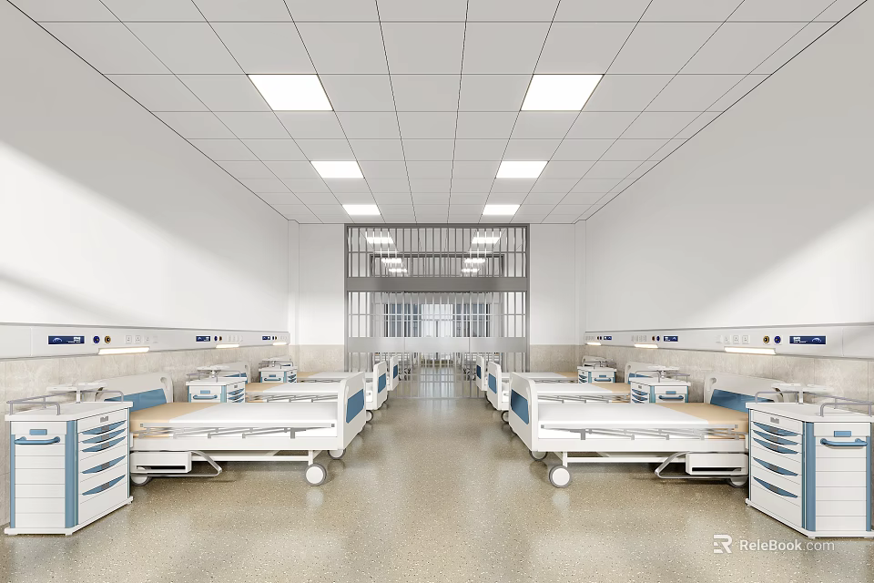 Hospital Ward Interior Design With Multiple Beds White Walls And Ceiling Lights 3d model 