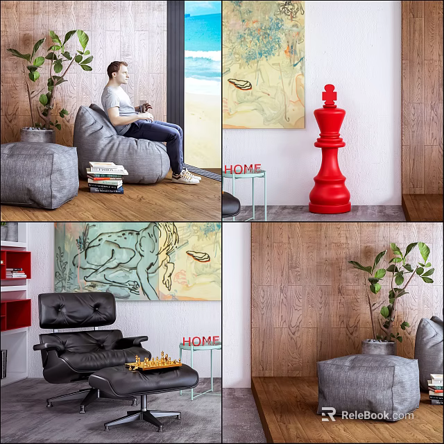 Cozy Gray Bean Bag Chair In Living Room With Person Books Plant And Artwork 3d model 