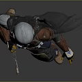 Game And Movie Character Wearing Mandalorian Style Armor With Helmet Red Brown Cloak And Weapon