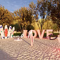 Beach Scene with LOVE Letters Colorful Surfboards Pink Tree Heart Decor and Sunny Blue Sky