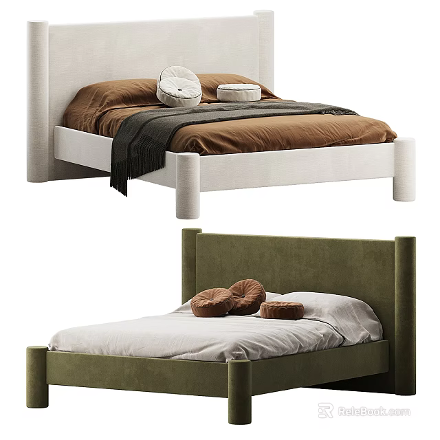 Double Bed with White and Green Headboard Brown and White Bed Sheets and Pillows 3d model