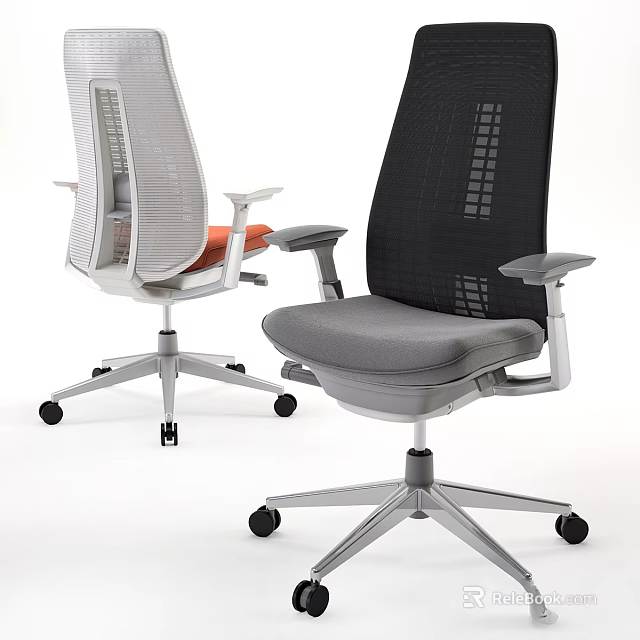 Ergonomic Modern Office Desk Chair Set Mesh Design Black White Silver Base Wheels 3d model 