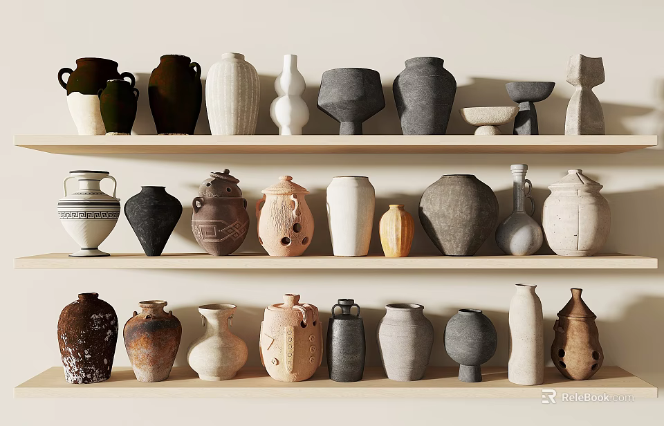 Ceramic Vessels Displayed on Three Tiered Shelves With Various Colors Different Shapes And Sizes 3d model 