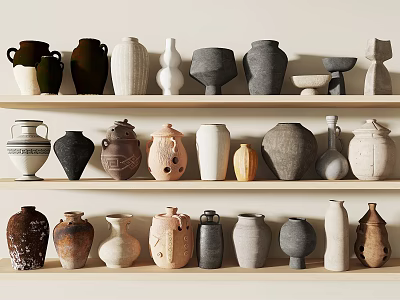 Ceramic Vessels Displayed on Three Tiered Shelves With Various Colors Different Shapes And Sizes 3d model