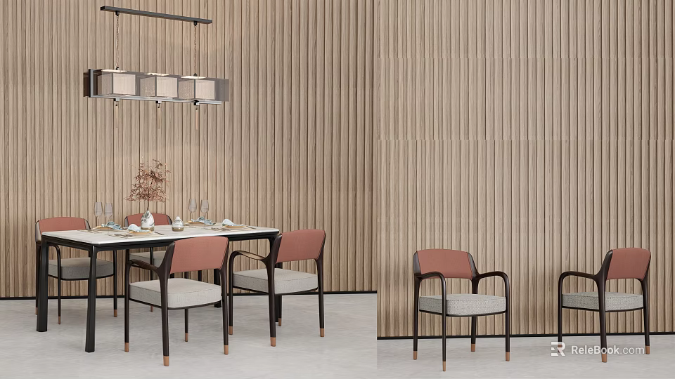 Modern Dining Table And Chairs Set With Wooden Panel Wall And Pendant Light 3d model