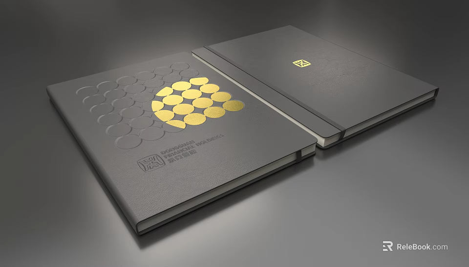 Two Gray Cover Notebooks With Gold Circular Pattern And Logo Design 3d model 