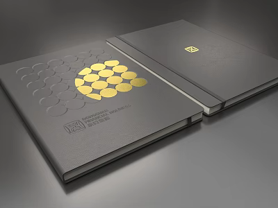 Two Gray Cover Notebooks With Gold Circular Pattern And Logo Design 3d model