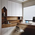 Cozy Study Room Interior With Wooden Desk Bookshelf Decorative Bear Figurine White Candle And Laptop