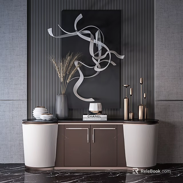 Modern Brown Sideboard Featuring Grey Vase Dried Plants Stacked Plates Book And Golden Candle Holders 3d model 