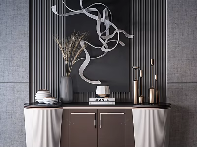 Modern Brown Sideboard Featuring Grey Vase Dried Plants Stacked Plates Book And Golden Candle Holders 3d model