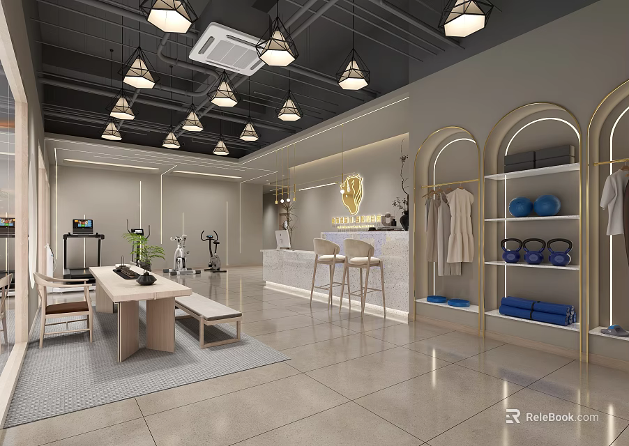 Elegant Modern Fitness Club Interior With Reception Desk Fitness Equipment And Clothing Racks 3d model 