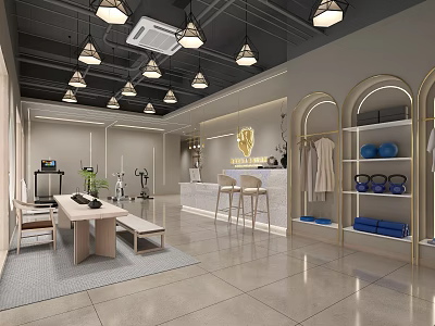 Elegant Modern Fitness Club Interior With Reception Desk Fitness Equipment And Clothing Racks 3d model