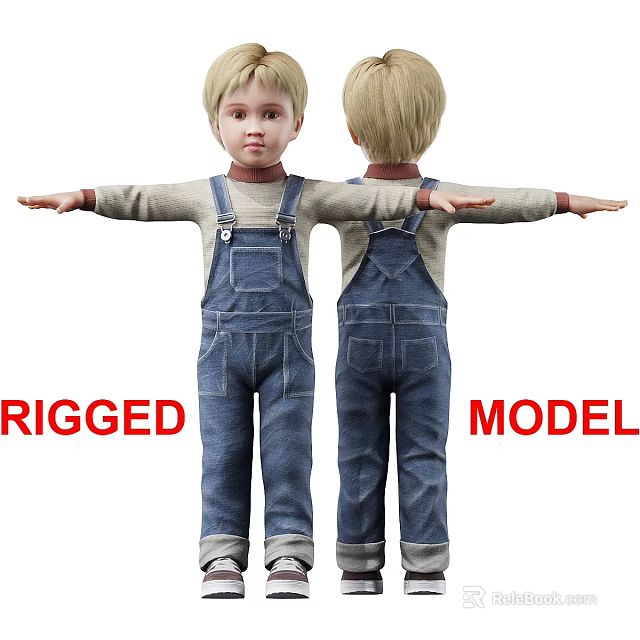 Two Kids Rigged Model In Denim Overalls With Arms Outstretched 3d model 