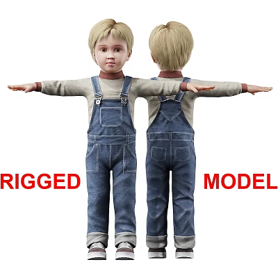 Two Kids Rigged Model In Denim Overalls With Arms Outstretched 3d model
