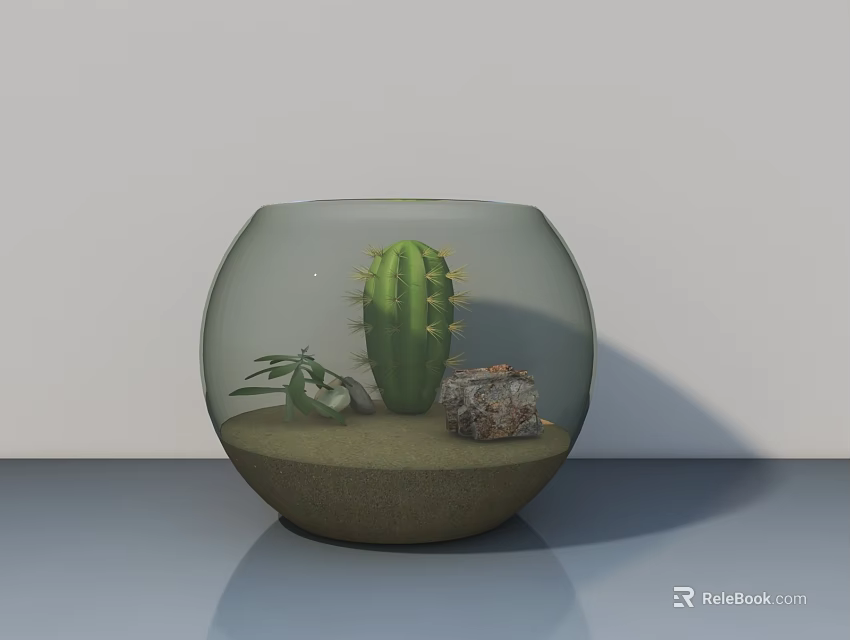 Cactus Bonsai in Transparent Glass Container with Sand Small Rocks and Tiny Plants 3d model 