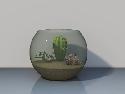 Cactus Bonsai in Transparent Glass Container with Sand Small Rocks and Tiny Plants 3d model