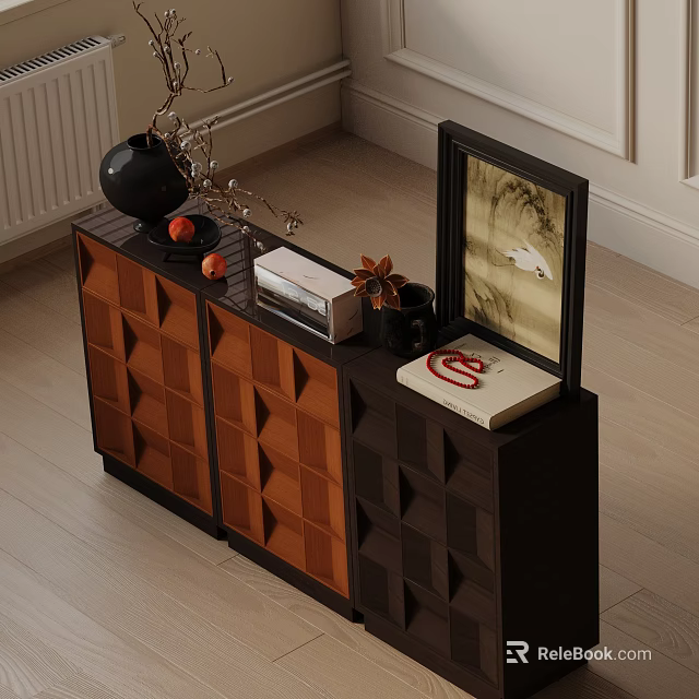 Modern Console Cabinet And Sideboard With Geometric Pattern Design Wooden Finish Decorative Vase Photo Frame Books 3d model 