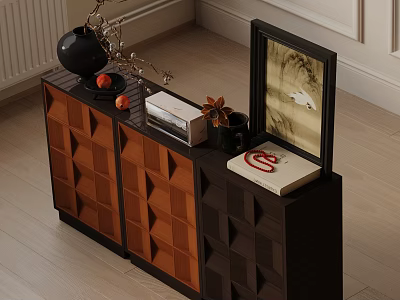Modern Console Cabinet And Sideboard With Geometric Pattern Design Wooden Finish Decorative Vase Photo Frame Books 3d model