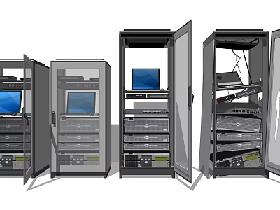 Open Server Racks Showing Computer Equipment Displays Network Devices And Cables 3d model
