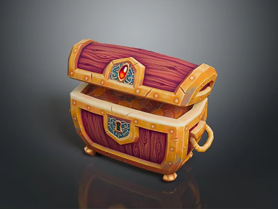 Open Wooden Storage Chest With Red Gem Decoration Metal Trim Handle And Wheels 3d model