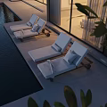 Modern Detached Villa With Swimming Pool Sun Loungers Glass Walls And Evening View