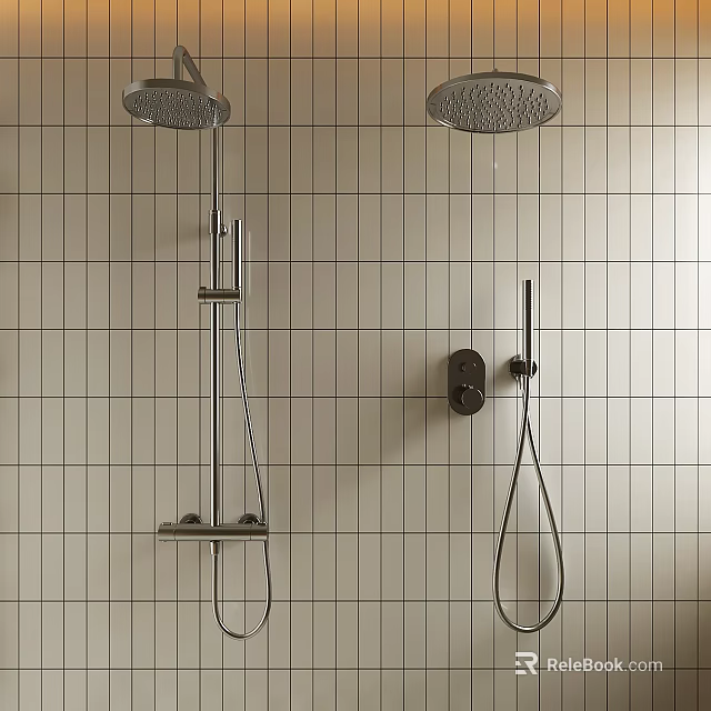Contemporary Shower Systems Featuring Handheld And Overhead Sprayers Mounted On Grid Patterned Tile Wall 3d model 