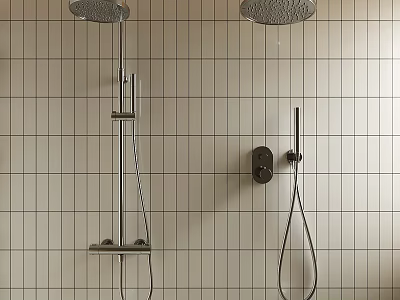 Contemporary Shower Systems Featuring Handheld And Overhead Sprayers Mounted On Grid Patterned Tile Wall 3d model