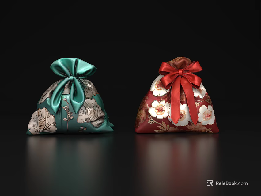Stylish Lifestyle Decorative Bags With Green Red Floral Patterns And Ribbon Bows 3d model 