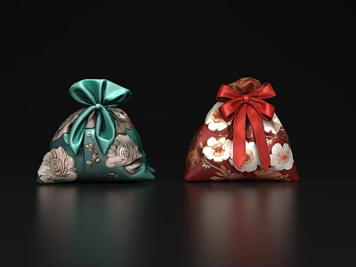 Stylish Lifestyle Decorative Bags With Green Red Floral Patterns And Ribbon Bows 3d model