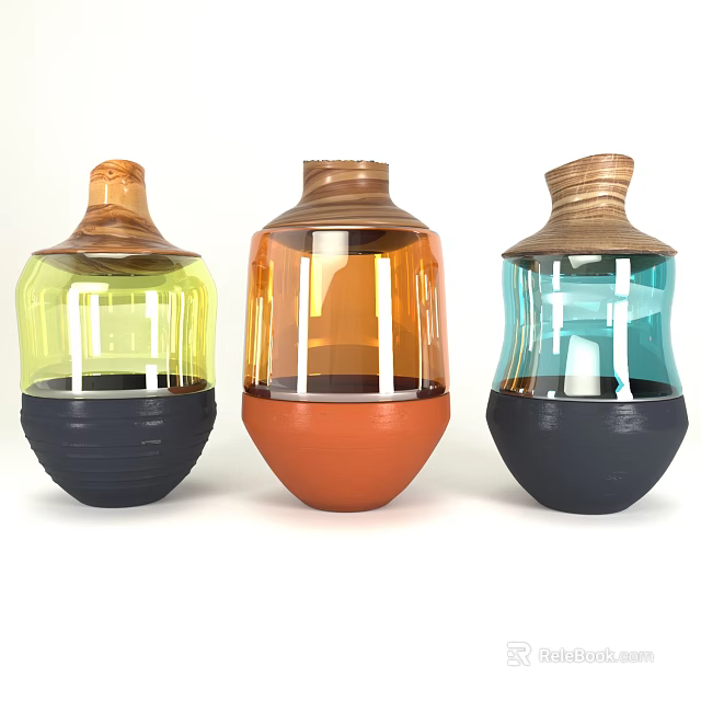 Decorative Ornament Set With Three Colorful Glass Ceramic Vases Wooden Tops And Modern Design 3d model 