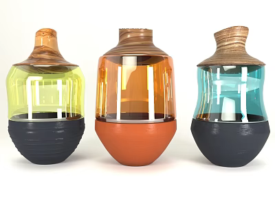 Decorative Ornament Set With Three Colorful Glass Ceramic Vases Wooden Tops And Modern Design 3d model