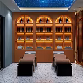 Modern Beauty Salon Interior With Cloud Shaped Ceiling Lights Blue Chairs Mirrors And Marble Counter