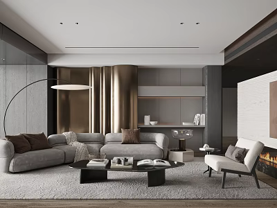 Modern Living Room Interior With Gray Sectional Sofa Round Coffee Table Gold Curtains And Floor Lamp 3d model