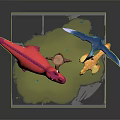 Cartoon Dinosaur Characters Pink T Rex Yellow Small Dino And Blue Pterodactyl On Green Grassland