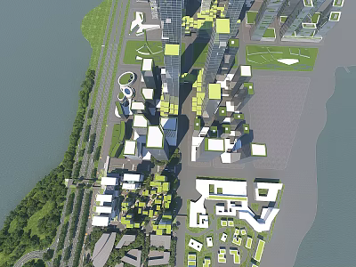 Modern High Rise Office Buildings In Urban Planning With Green Spaces And Waterfront 3d model