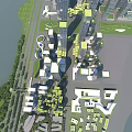 Modern High Rise Office Buildings In Urban Planning With Green Spaces And Waterfront