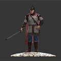 Medieval Warrior In Armor With Red Cape Holding Sword On Cracked Stone Base