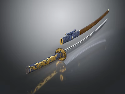 Traditional Japanese Katana With Ornate Gold Blue Hilt Scabbard And Sharp Metallic Blade 3d model