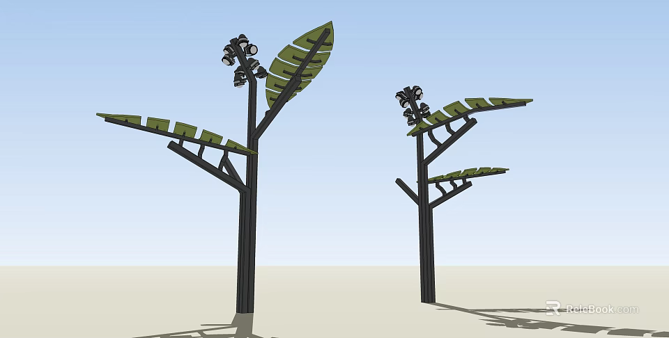 Tree Shaped Outdoor Lights With Black Trunk Green Leaves And Top Lamps 3d model 