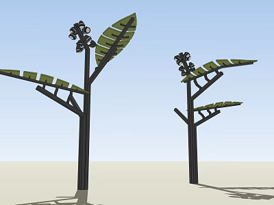 Tree Shaped Outdoor Lights With Black Trunk Green Leaves And Top Lamps 3d model