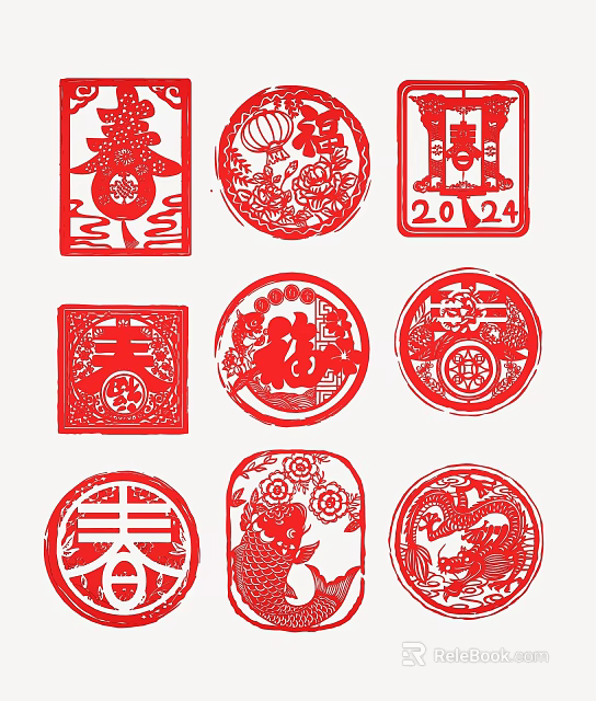 Traditional Chinese Red Paper Cut Wall Decor with Fortune Fish Dragon and 2024 Patterns 3d model 