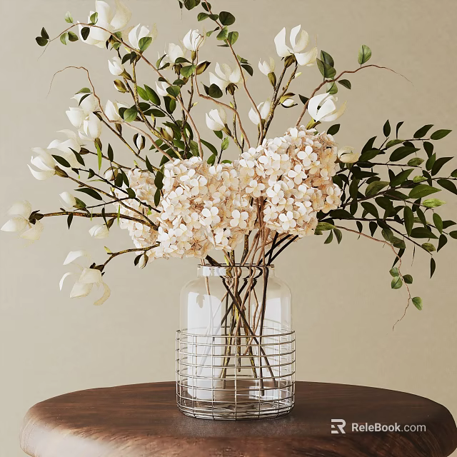 White Flower Green Leaf Bonsai Potted Plant In Glass Vase On Dark Table Light Wall 3d model 