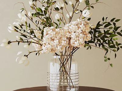 White Flower Green Leaf Bonsai Potted Plant In Glass Vase On Dark Table Light Wall 3d model