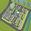 Modern High Rise Residential Complex With Water Features Glass Structure Courtyard Stone Pavement And Greenery
