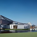 Modern Sales Office Building Geometric Roof Design With Waterfront Lawn And Wooden Deck