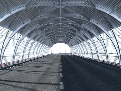 Modern Road Infrastructure Featuring Arched Metal Framework Spacious Surface And White Dividing Lines 3d model
