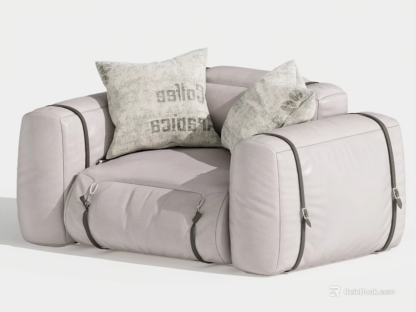 Modern Light Gray Leather Single Sofa With Decorative Pillows And Stitched Details 3d model